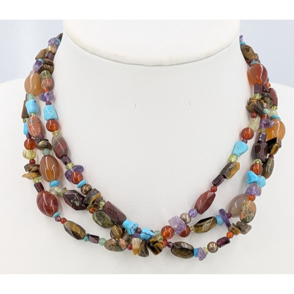Vintage Necklace 3 Strand 925 Clasp Mixed Gemstone Tigers Eye Agate Quartz 75g